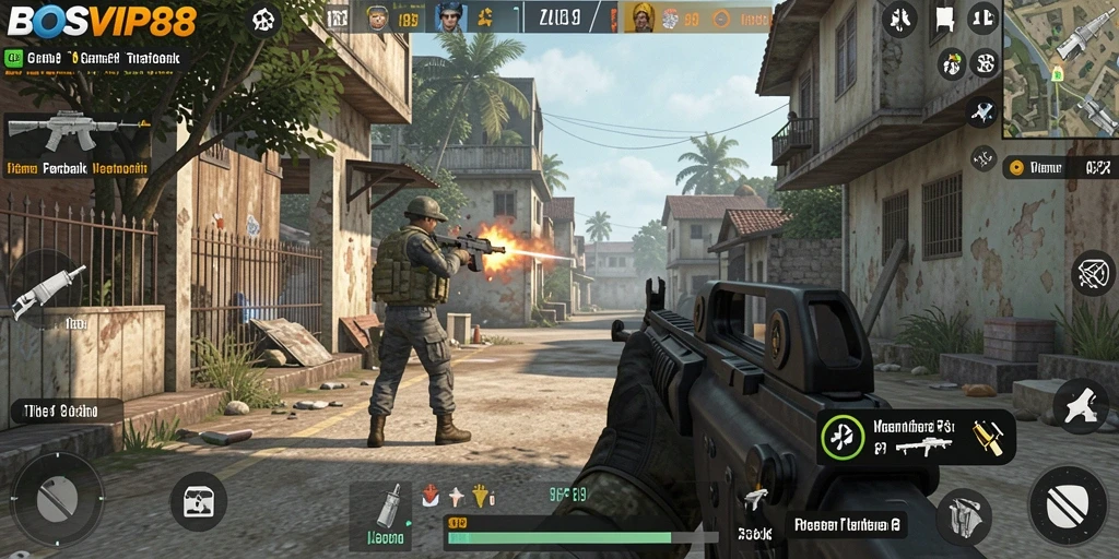 Screenshot gameplay BOSVIP88 menunjukkan aksi tembak-menembak yang mendebarkan.