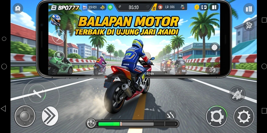 Gameplay seru BPO777 saat balapan motor di trek menantang.