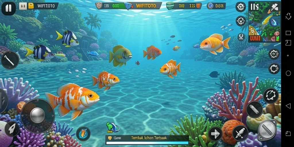 Gameplay seru WIFITOTO saat menembak ikan berwarna-warni.